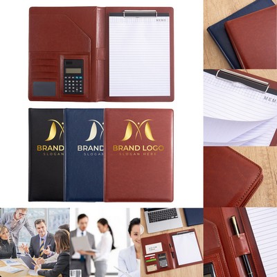 A4 PU Leather Business Portfolio File Folder Conference Clipboard Padfolio with Calculator