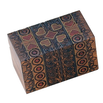2 Deck Playing Card Box Carved Band (4 3/4"x2 1/2"x3")