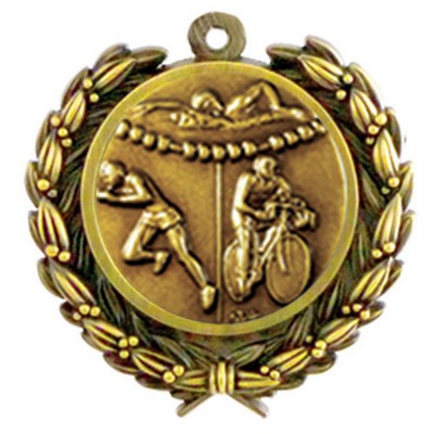 Stock Triathlon Medal w/ Wreath Edge 1 1/4"