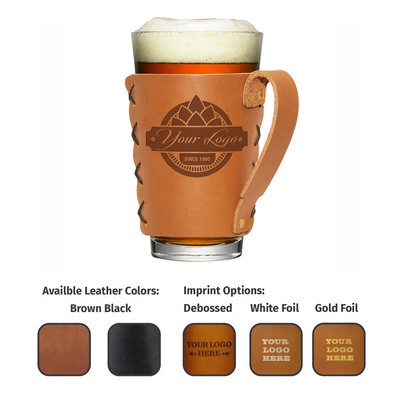 Full-Grain Leather Pint Sleeve w/Handle- Beer glass, Cocktail glass set, Home Bar