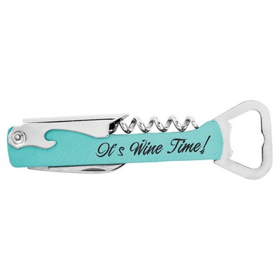 Corkscrew Wine Bottle Opener, Teal Faux Leather