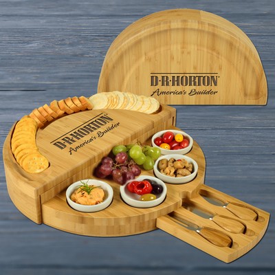 Bamboo Swivel Cheese / Charcuterie Board with 4 integrated ceramic bowls and 3 piece knife set