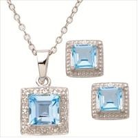 Jilco Inc. Diamond & Square Blue Topaz Earring & Necklace Set