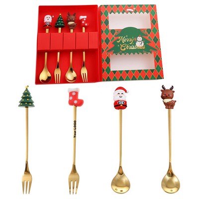 Set of 4 Stainless Steel Christmas Coffee Spoons and Forks - Gift Box Included