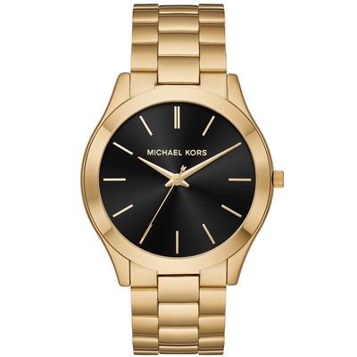 Michael Kors Mens Slim Runway Gold-Tone Stainless Steel Watch Black Dial