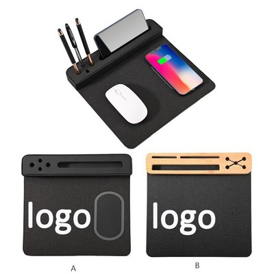 PU Leather Mouse Pad Wireless Charging Mat w/Pen Holder