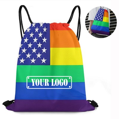 Rainbow Pride US Flag Drawstring Backpack