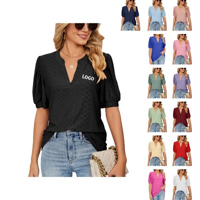 Women's Casual V Neck Solid Color Hollow Short Sleeve