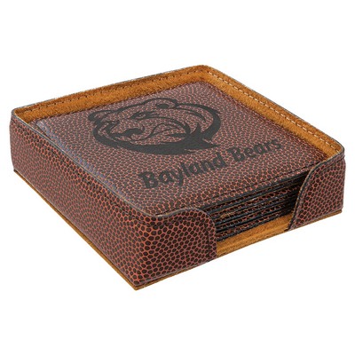 Square Coaster Set with 6 pcs, Football Faux Leather, Engraved, 4" x 4"