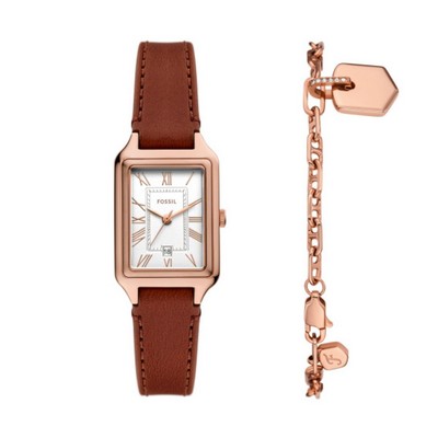 Raquel Three-Hand Date Medium Brown Leather Watch and Bracelet Set