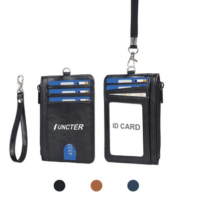 RFID PU Leather ID Card Holder Badge Holder Wallet With Lanyard & Strap