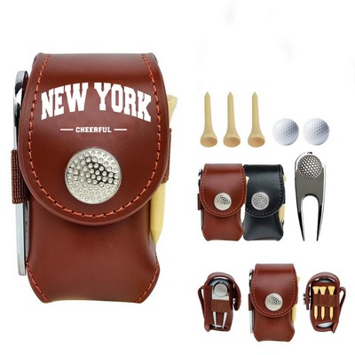 PU Leather Golf Ball Pouch Bag w/Tee Holder