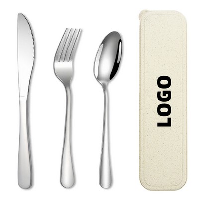 3 Pcs Reusable Utensils Set with Wheat Straw Case Portable for Camping School Office