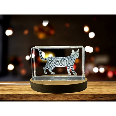 Bengal Cat 3D Engraved Crystal Trophy Award w/LED Base - Pet Keepsake