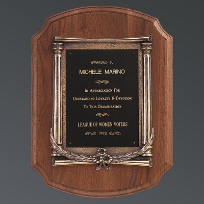 Curved Walnut Plaque with Scroll & Black Brass Plate, 11"x15"