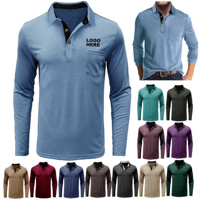 Promotional Casual Pullover Men's Long Sleeve Henley Shirt with Pocket