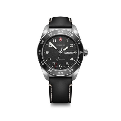 Swiss Army 42mm, silver stainless steel case, black aluminium bezel, black dial, black leather strap