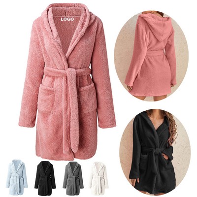 Winter Loungewear Pajamas Warm Fluffy Bathrobe Women's Fleece Hooded Plush Loungewear Robe