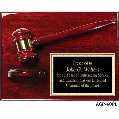 Rosewood Piano Finish Gavel Plaque with Matching Gavel with Black Brass Plate , 9"x12"