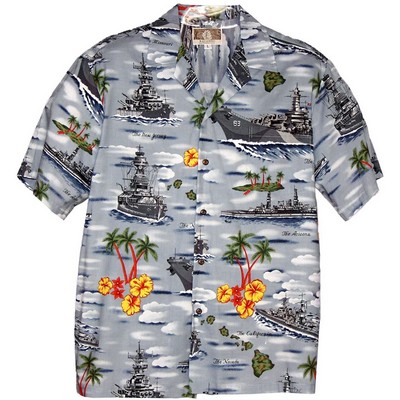 Light Blue Hawaiian Tropical Military Print Shirt - Navy Ships Circa WWii - in-stock Sizes: S-3XL