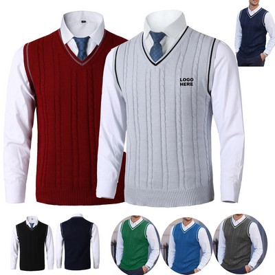 Custom Logo School Uniform Men's Knitted V-Neck Sweater Vest
