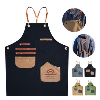 Heavy-Duty Canvas & Leather Accent Work Apron With Multi-Pockets