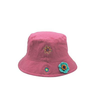 Women's Washed Cotton Bucket Hat with Floral Embroidery & 3D Crochet Accent