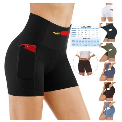 High-Waist Polyester Workout Shorts with Pockets & Breathable Fabric