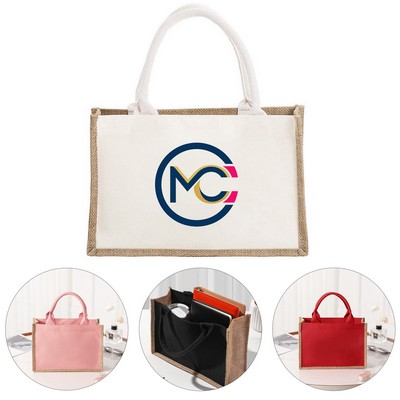 Jute Canvas Color-Blocked Tote Bag