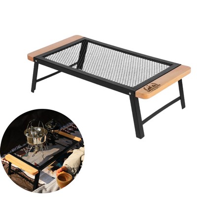 Portable Folding Iron Mesh Camp Table with Wood Handles
