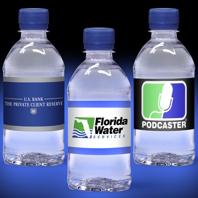 12 Oz. Custom Label Water w/Blue Flat Cap - Clear Bottle
