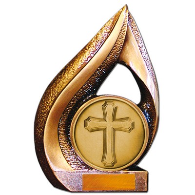 Stock 9" Flame Trophy with 2" Cross Coin and Engraving Plate