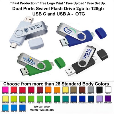 Dual Ports Swivel Silver Flash Drive USB C and USB A OTG / USB - 4 GB
