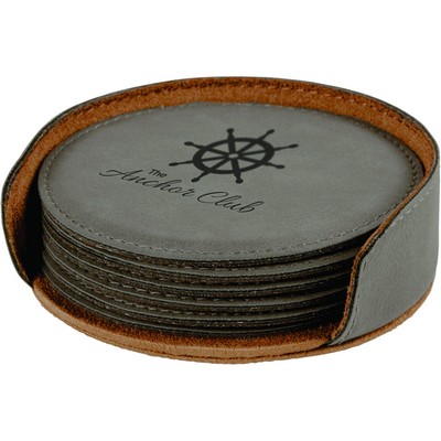 4" Round Gray Leatherette Coaster Set