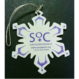2 5/8" X 3" Snowflake shaped Ornament with a screen printed imprint and an assembled tassel/string