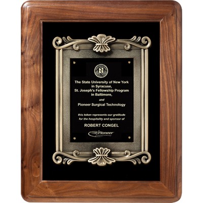 American Walnut Frame with Scroll Metal Casting Plaque 12 x 15 "