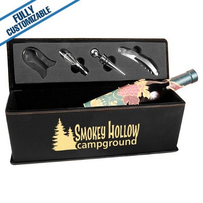 Black & Gold Leatherette - Single Wine Box With Tools