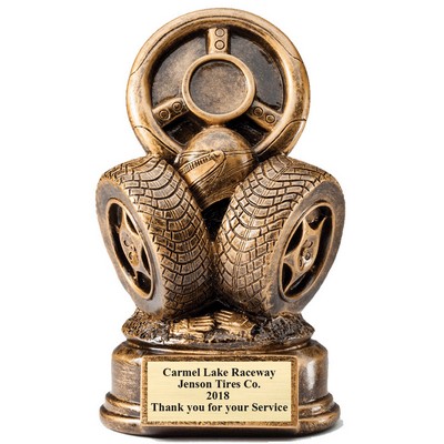 8 ½" Antique Gold Resin Racing Tires & Steerin Wheel Trophy