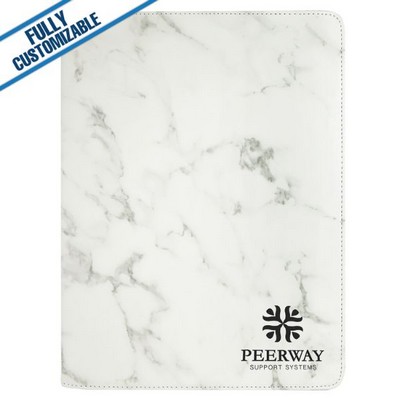 White Marble Leatherette - 9.5X12" Zip Portfolio Folder With Notepad