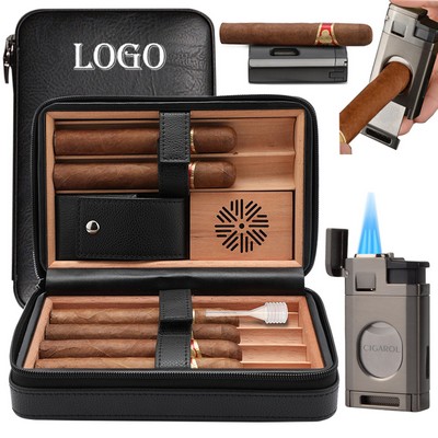 Leather Cedar Wood Cigar Humidor with Cigar Lighter