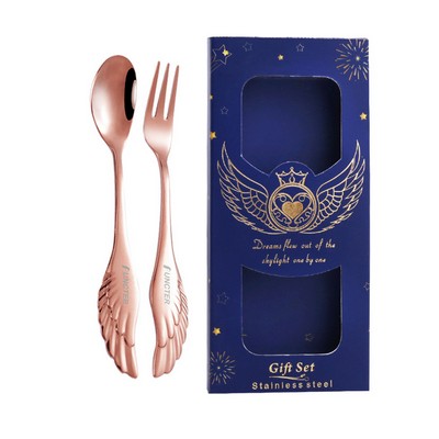 Set of 2 Rose Gold Angel Wing Spoon Fork Flatware Set Tableware Blue Gift Box