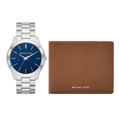 Michael Kors Mens Slim Runway Silver-Tone & Blue Dial Watch w/Leather Wallet