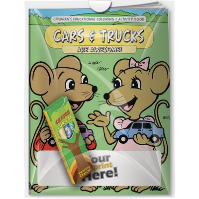 Combo Pack - "Cars and Trucks Are Awesome!" Coloring Book & 4-Pack of Crayon (Imprinted)
