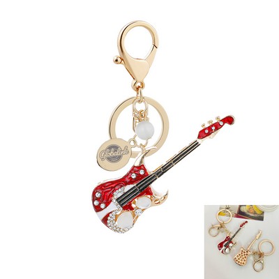 Diamond Studded Electric Guitar Keychain W/Oval Metal Tag
