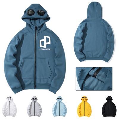 Trendy Full-Zip Hooded Sweatshirt Hoodies W/ Sunglasses