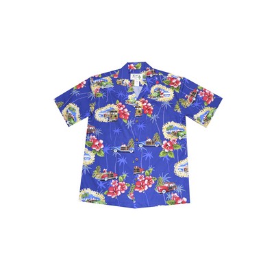 Navy Blue Christmas Hawaiian Cotton Poplin Shirt w/Button Front & Short Sleeves