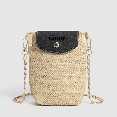 Woven Straw Crossbody Phone Pouch with Chain Strap