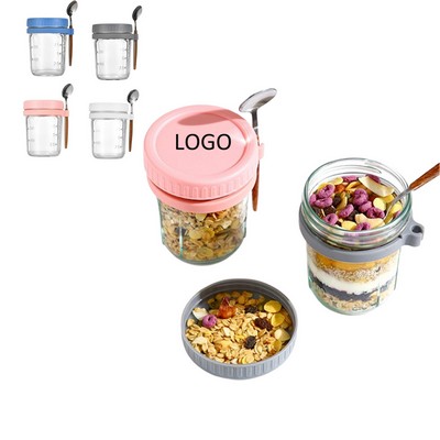 Reusable 12 OZ Overnight Oatmeal Glass Cup W/ Lid & Spoon