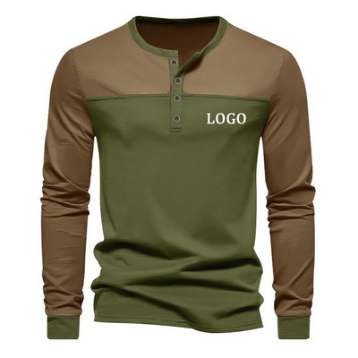 Men'S Colorblock Long Sleeve Button Collar Pullover Shirt
