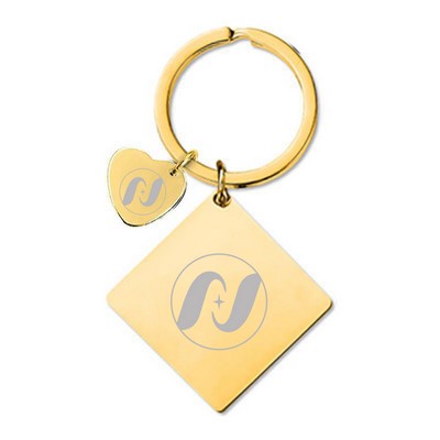 30 x 30 x 2 mm Gold Square Tag Keychain W/ Small Heart Tag 15 mm